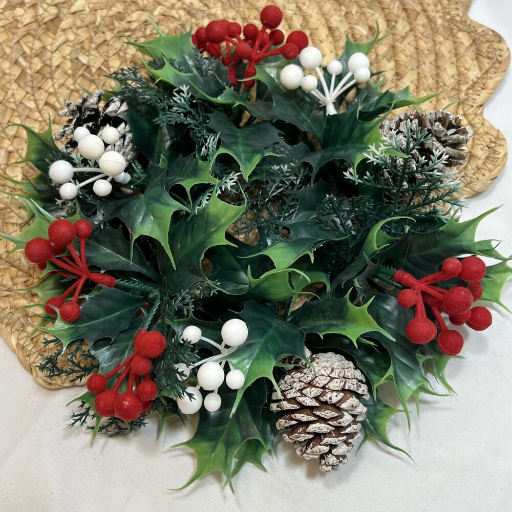 Vintage Candle Ring Wreath MCM Mid Century Flocked Red Berries Holly Pinecones